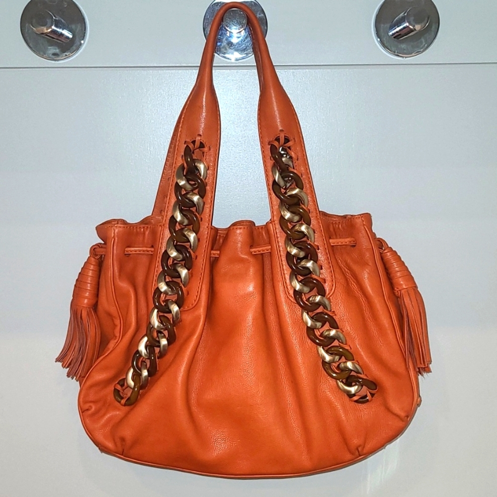 Michael Kors Orange Soft Leather Shoulder Bag With Gold and Brown Hardware